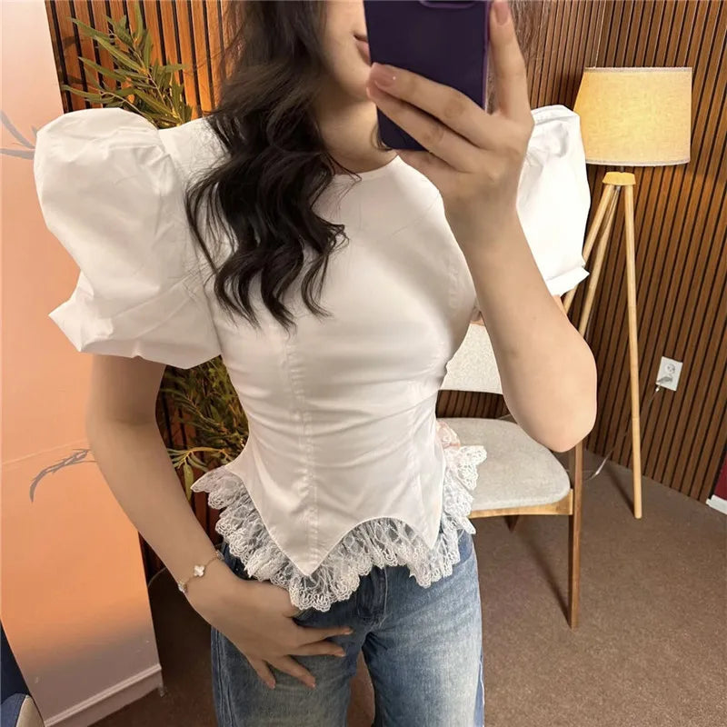 Y2K Cute Puff Bubble Short Sleeve Crop Top Women Back Drawstring Ruched Waist Irregular Lace Trim Hem Slim Fitted Blouse