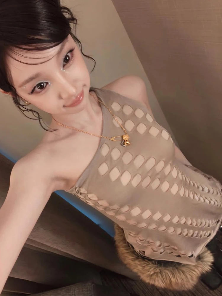 Hollow Vest Women Slanted Shoulder Skinny Sexy Irregular Hem Music Festival Hip-Hop Style Summer Classic Streetwear
