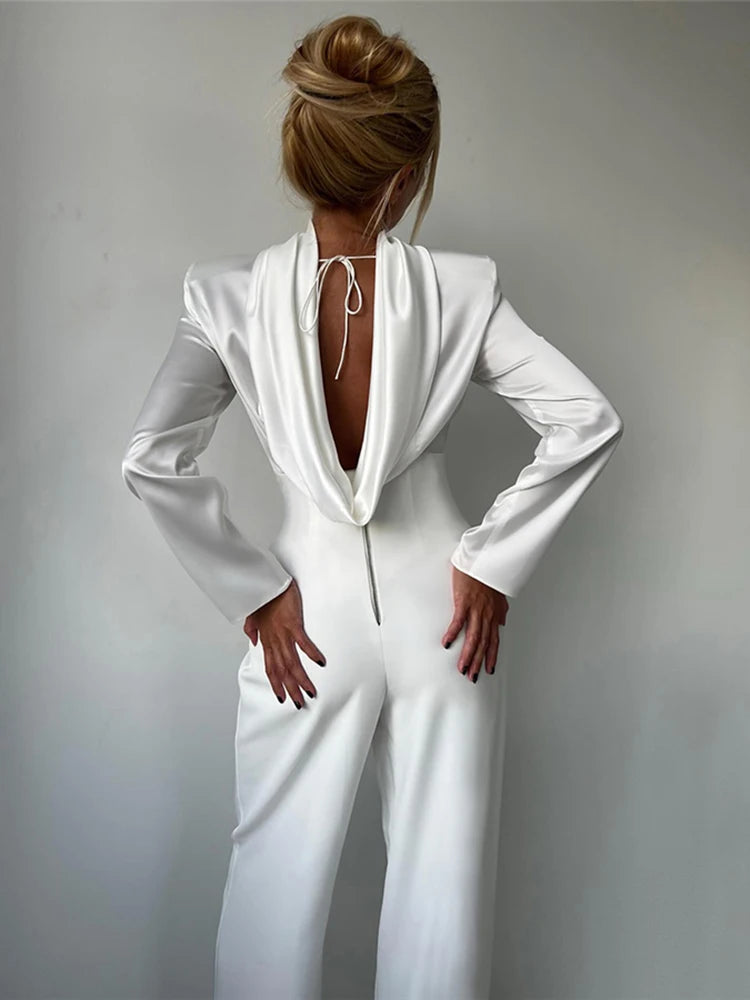 Smooth Office 2-Piece Set Women Satin Lace-Up Pile Collar T-shirt+Zip High Waist Straight Pants Commute Elegant Outfits