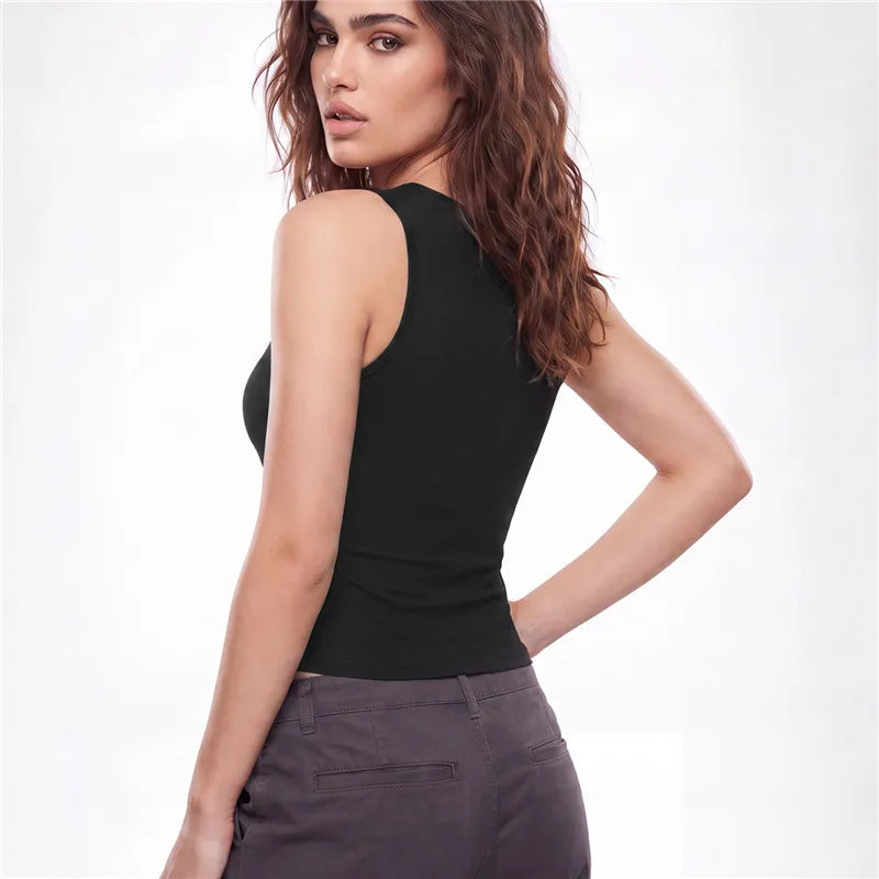 Women Solid Ribbed Sleeveless Tank Top O Neck Metal Ring Cutout Slim Cropped Vest Y2K Streetwear Daily Party Cami