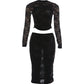 See Through Jacquard 2 Piece Set Women Hollow o-Neck Full Sleeve Skinny Crop Tops+Classic Skirt Sexy Midnight Suit