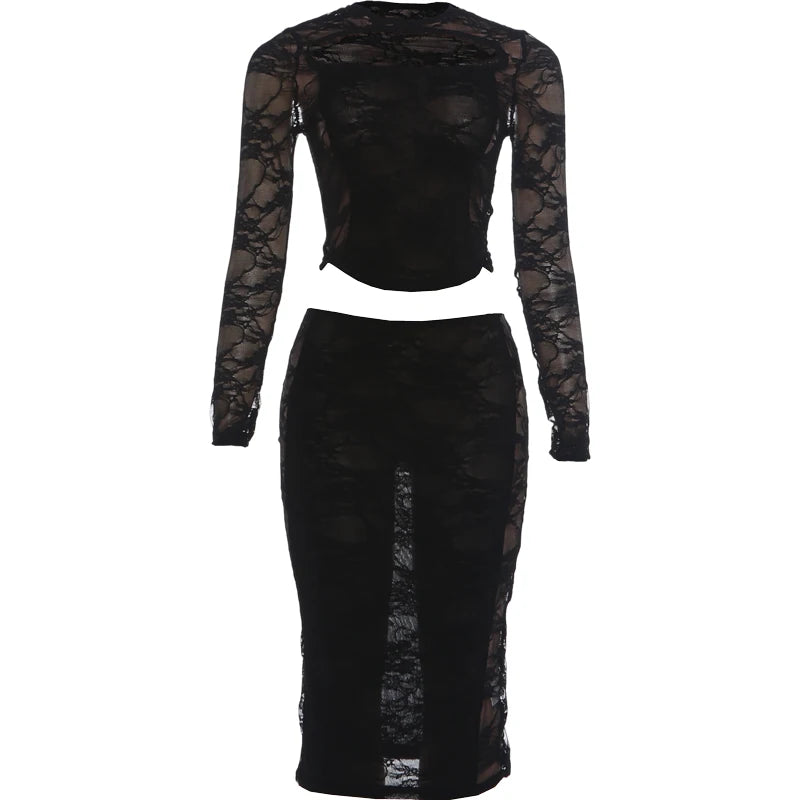 See Through Jacquard 2 Piece Set Women Hollow o-Neck Full Sleeve Skinny Crop Tops+Classic Skirt Sexy Midnight Suit