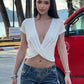 Deep V Neck Short Sleeve Crop Tops Twist-front Wrap Design White Tshirt Woman Clothes Summer 2026