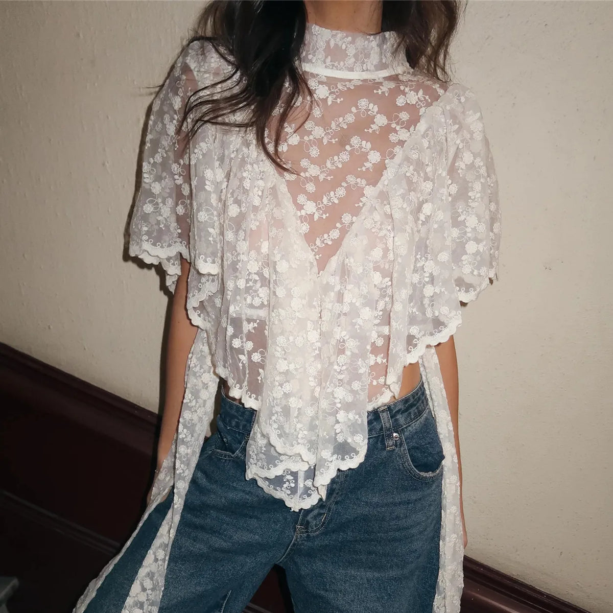 Y2K Fairy Mesh See Through Casual High Neck Looseshawls Women Floral Lace Embroidery Shawl Tops Asymmetrical Streetwear