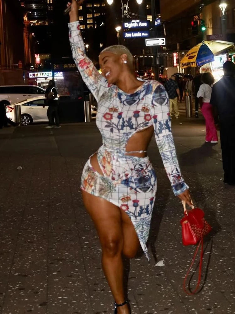 Y2K See Through 2 Piece Set Women Sexy Flowers Lace-Up Hollow Bodysuit+Irregular Skirts Matching Streetwear Outfits