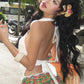 Street 2-Piece Set Women Backless Halter Lace-Up Chic Sexy Tank Tops+Colorful Patchwork Puffy Skirt Matching Suits