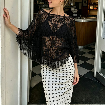 Women Beach Lace Fringe Poncho Cover Up Sheer Floral Tassel Shawl Boho Loose Batwing Sleeve Top Vacation Party Outerwear