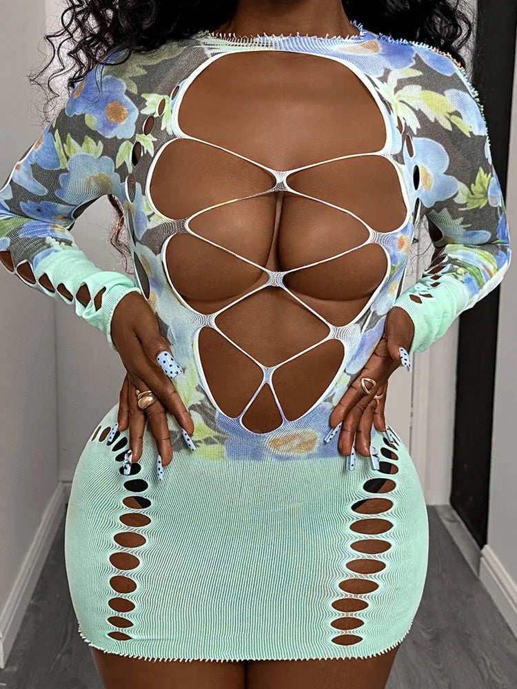 Sexy Mesh Hollow Dress Women Floral Frail Backless Colorful Chic Peach Hip Stretchy Skinny  Midnight Clubwear Bodycon