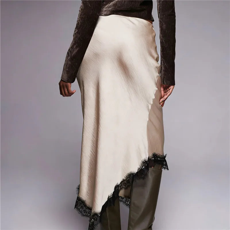 French Satin Lace Trim Midi Skirt Women High Waist Asymmetrical Hem Flowy Elegant Skirt For Office Commute Date Night