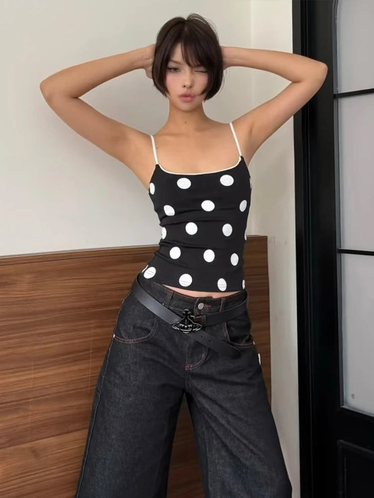 Polka Dot Print Camisole Women Simple Classic Backless Low-Neck Stretch Skinny Summer Street Daily Hottie Tank Tops