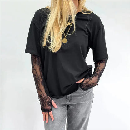 Fashion Women Round Neck T-Shirts Lace Long Sleeve Casual Shirts Spring Fall Loose Fit Tops Y2K Vintage Streetwear