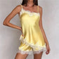 2 Piece Pajamas Sets for Women Summer Solid Sleeveless Lace Patchwork Cami Tops + Elastic Waist Shorts Loungewear