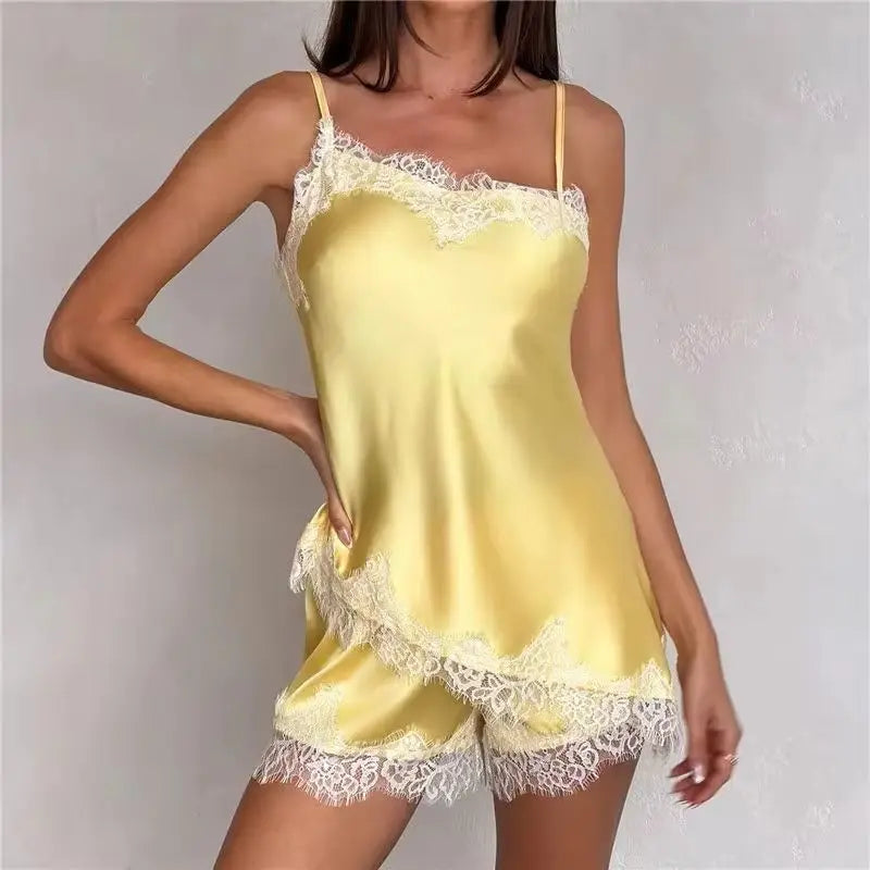 2 Piece Pajamas Sets for Women Summer Solid Sleeveless Lace Patchwork Cami Tops + Elastic Waist Shorts Loungewear