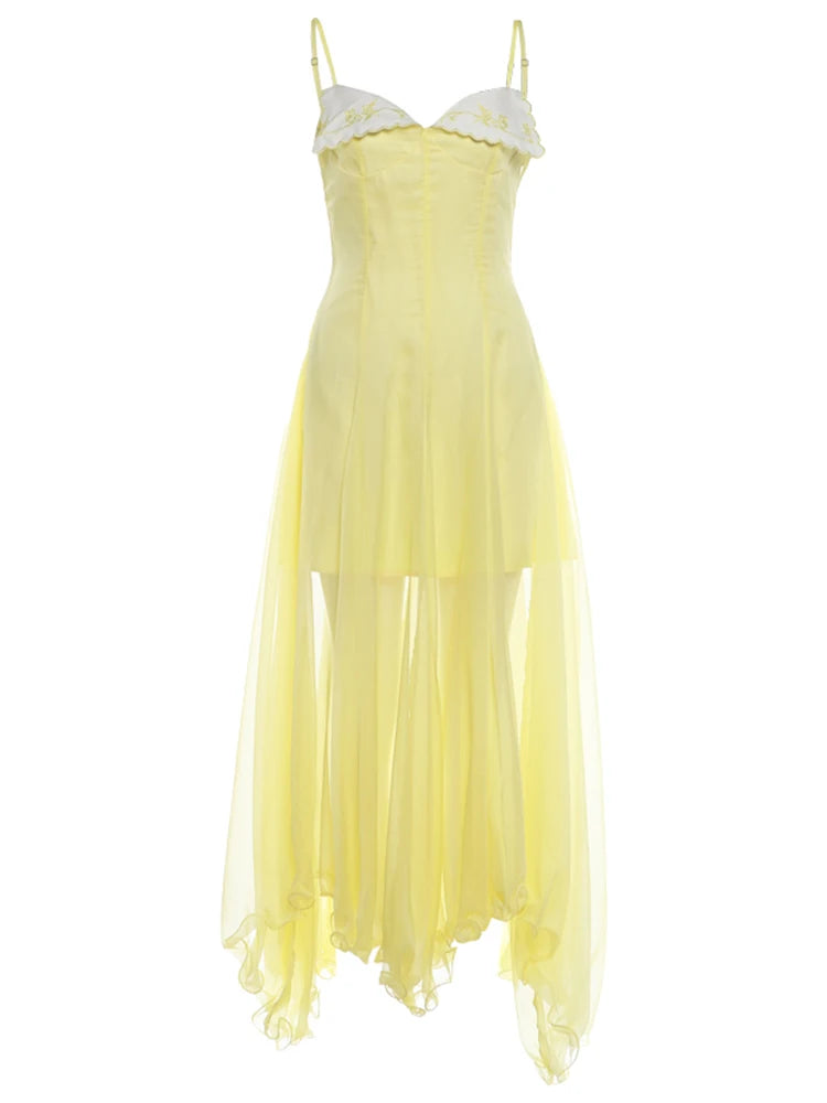 Patchwork Maxi Dress Women Low-Neck Ruffles Sleeveless Irregular Hem Skinny Summer Elegant Birthday Party Vestidos