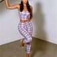 Plaid Patchwork 2 Piece Set Woman Summer Trend Halter Backless Sleeveless Crop Tops+Skinny Long Pants Fashion Suits