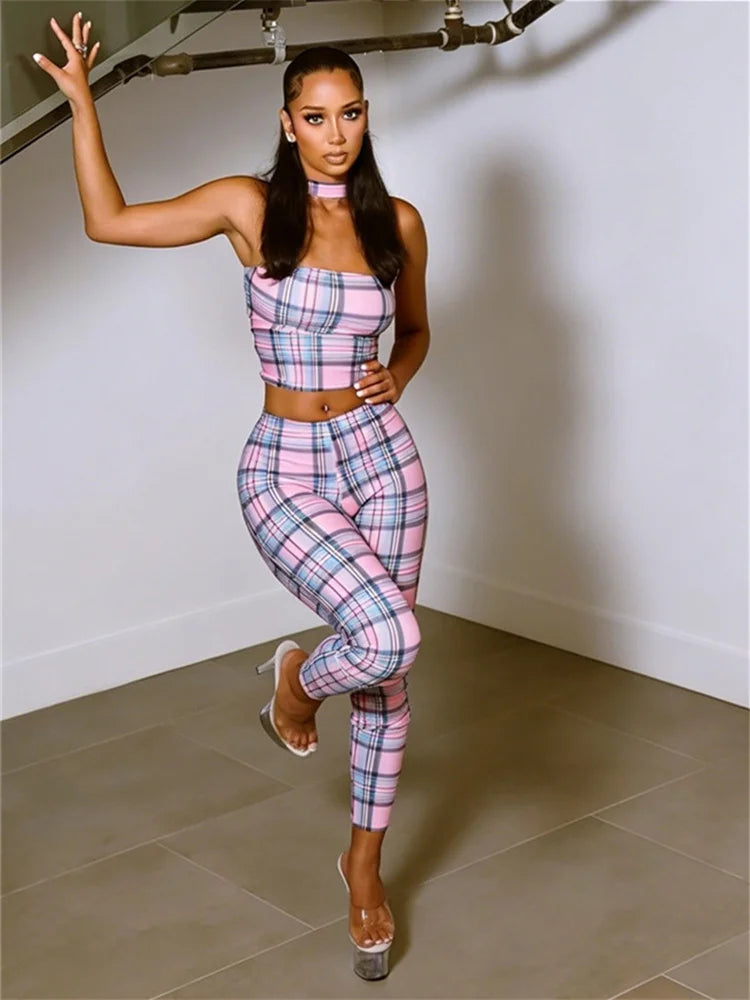 Plaid Patchwork 2 Piece Set Woman Summer Trend Halter Backless Sleeveless Crop Tops+Skinny Long Pants Fashion Suits