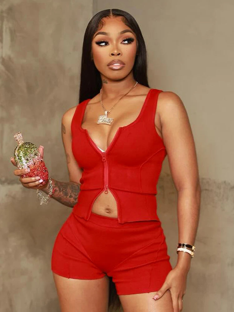 Casual Women 2 Piece Set Stretch Double Zip Tank Tops+Shorts Matching Patchwork Simple Basic Streetwear Tracksuit