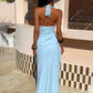Women Halter V‑Neck Sexy Maxi Dress Lace Spliced Twisted Front Ruched Long Dress Elegant Evening Party Prom Dresses