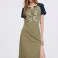 Y2K Sporty Midi Dress with Raglan Sleeve, Slim Fit Slit Dress for Women, Retro Aesthetic Streetwear Graphic Robe