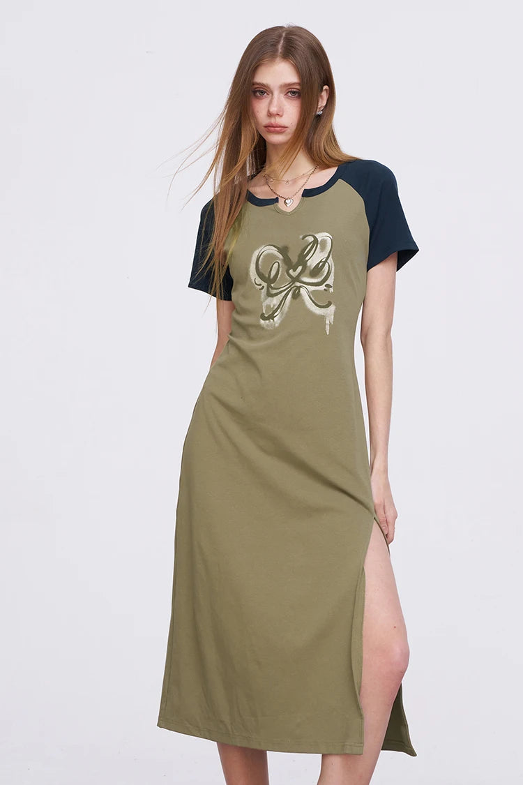 Y2K Sporty Midi Dress with Raglan Sleeve, Slim Fit Slit Dress for Women, Retro Aesthetic Streetwear Graphic Robe