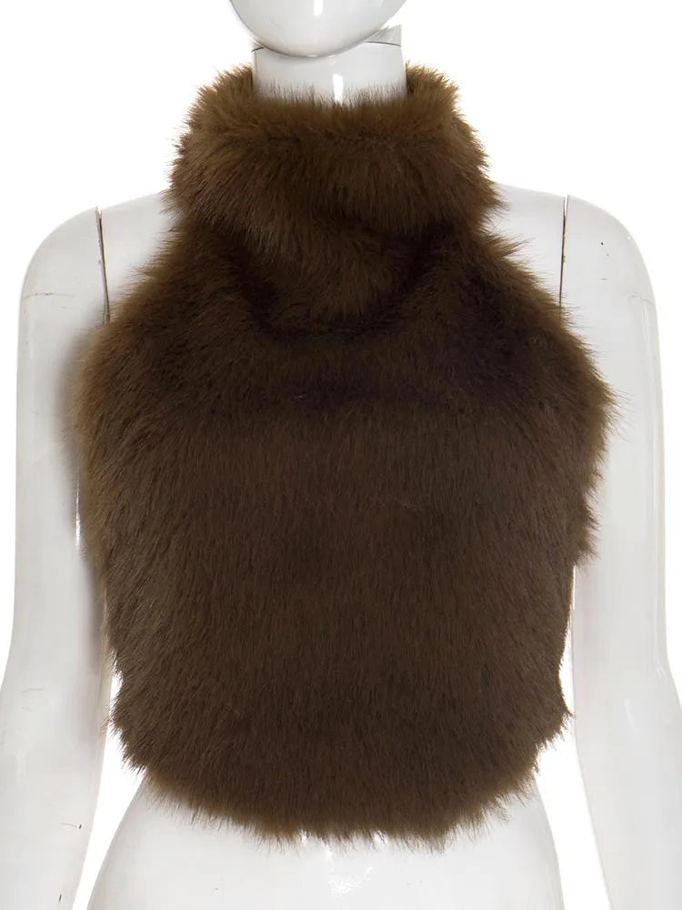 Off Shoulder Sexy Furry Tank Tops Woman Autumn Trend Halter Backless Hottie High Street Fashion Wild Style Classic Vest