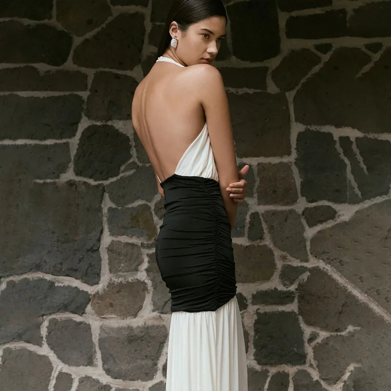 Deep V Neck Backless Pleated Long Dresses Black and White Patchwork Sexy Party Dresses Woman Elegant