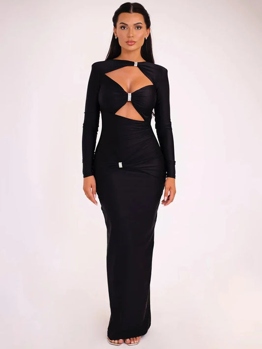 Elegant Hollow Out Long Sleeve Sexy Maxi Dress For Women Solid Color Slim Fit Cut Out Club Party Long Dress New