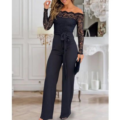 Women Off Shoulder Lace Long Sleeve Jumpsuit Waist Tie Sash Wide Leg Solid Black Elegant Party Formal Romper Outfit