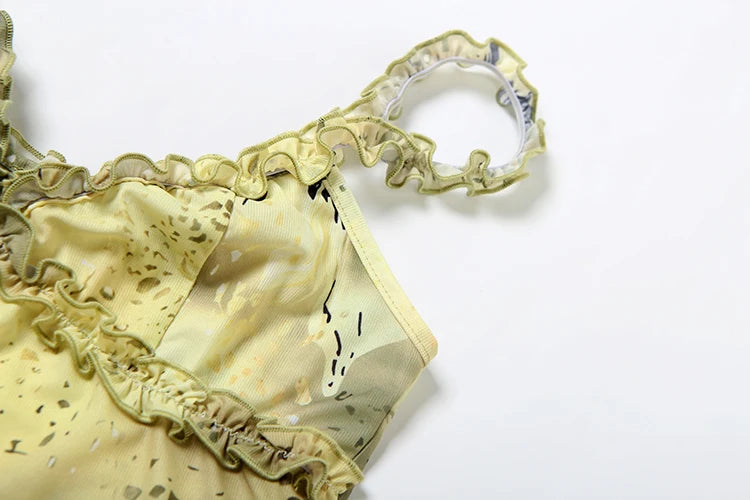 See Through Women 2 Piece Set Y2K Ruffles Patchwork Camisole+Tierred Skirts Matching Vacation Sexy Midnight Clubwear