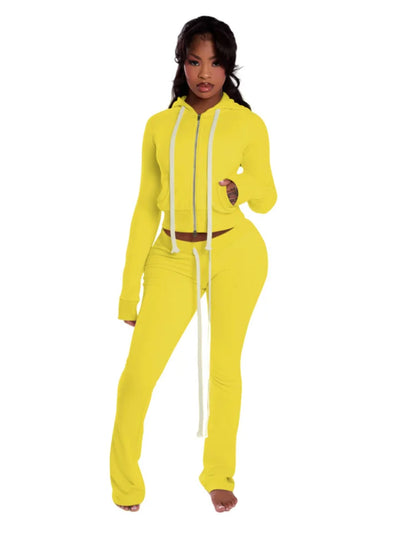 Sporty Casual 2 Piece Set Women Tracksuit Hooded Full Sleeve Zip Crop Jacket+Shirring Pants Basic Stretch Streetwear