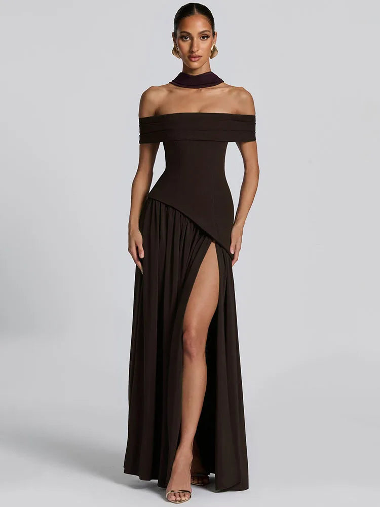 Off-shoulder Backless Sexy Maxi Dress Women Fashion Strapless Sleeveless Pleated Thigh High Split Club Party Long Dress
