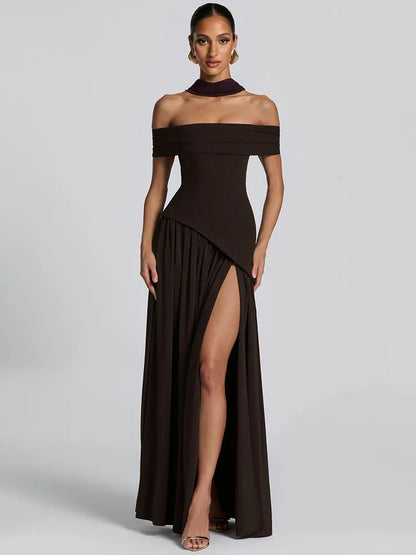 Off-shoulder Backless Sexy Maxi Dress Women Fashion Strapless Sleeveless Pleated Thigh High Split Club Party Long Dress