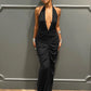 Sleeveless Halter Ruched Maxi Dress Women Sexy Elegant Deep V-neck Lace Up Backless Bodycon Solid Robe Partywear Vestido