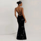 Flower-applique Lace-up Backless Maxi Dress Sexy Black Party Dresses Woman Elegant Evening Gown