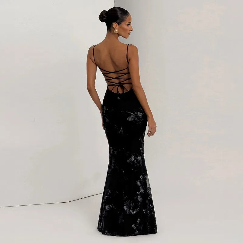 Flower-applique Lace-up Backless Maxi Dress Sexy Black Party Dresses Woman Elegant Evening Gown