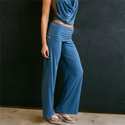 Y2K Low Rise Bootcut Pants Women Fold Over Waistband Metal Rivet Detail Soft Knit Wide Leg Casual Trousers Streetwear