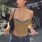 Sexy Hottie Corset Top Women Patchwork Stripe Low Chest Waistless Skinny Elegant Simple Wild Street Midnight Clubwear