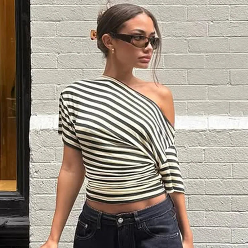 One Shoulder Ruched Striped Crop Tops Summer Short Sleeve T Shirts Fashion 2026 Woman Clothes