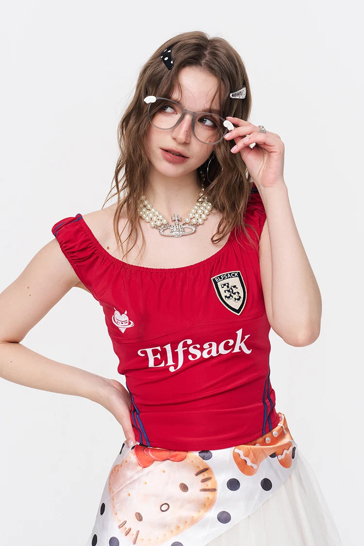 Sporty Knit Fitted Tank Top, Ruched Shoulder Colorblock Trim Crop Top, Punk Streetwear Embroidered Camisole for Women
