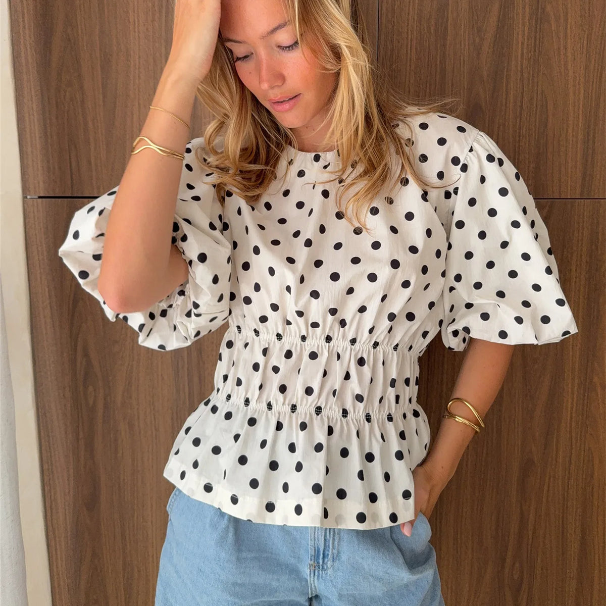 Women's Puff Sleeve T Shirt Tops Summer Fashion Dots Print Round Neck Cinched Waist Blouse for Casual Daily Wear