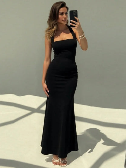 Square Neck Backless Fishtail Maxi Dress Elegant Black Evening Dresses for Woman for Party Wedding Guest
