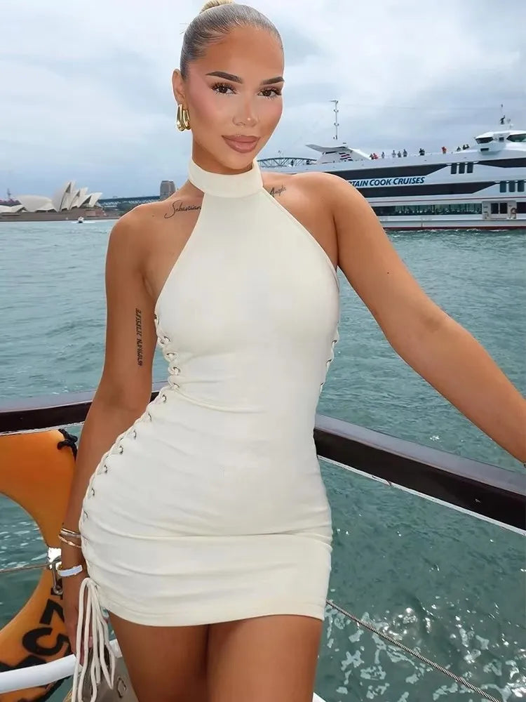Sexy Backless Halter Dress Women Shirring Elegant Hottie Skinny Peach Hip Beach Vacation Street Clubwear Mini Bodycon