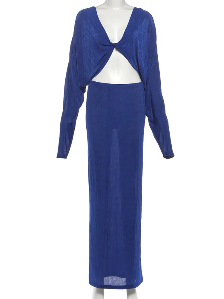 Sexy Hollow Maxi Dress Women v-Neck Folds Full Sleeve See Through Elasticity Solid Velvet Elegant Party Vacation Vestidos