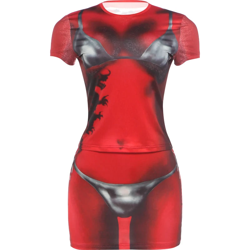 Sexy Fashion Bikini Print 2 Piece Set Woman O-Neck Short Sleeve Crop Tops+Mini Skirts High Street Style Classic Suit