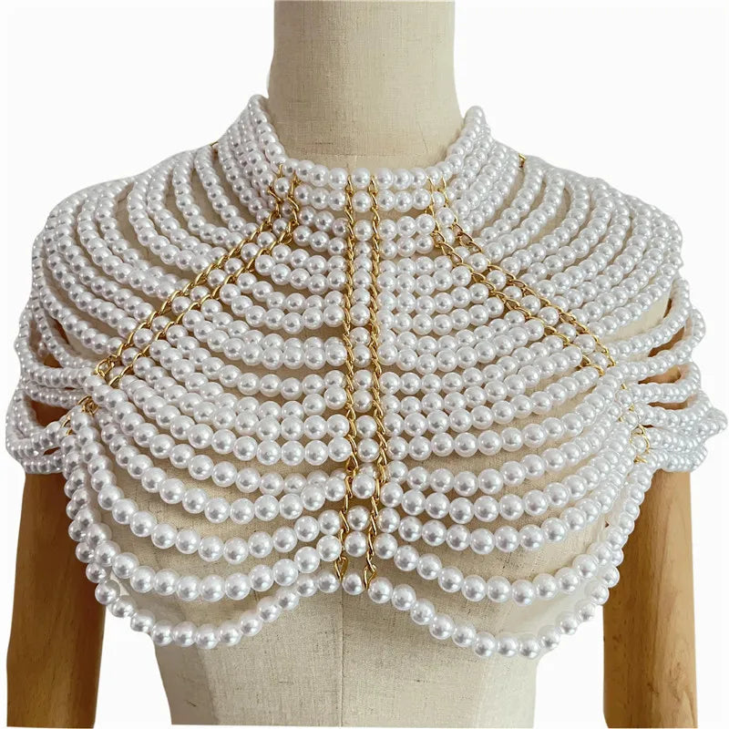 Women Handmade Multi Layer Pearl Beaded Shoulder Shawl Body Chain Necklace Elegant Wedding Party Jewelry Accessory