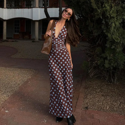 Polka Do Deep V Neck Backless Maxi Dress Vacation Outfits for Woman Elegant Summer Dresses 2026