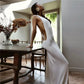 Women Halter Neck Backless Maxi Dress Side Cutout Sleeveless Bodycon Long Dress Metal Buckle Detail Evening Party Gown