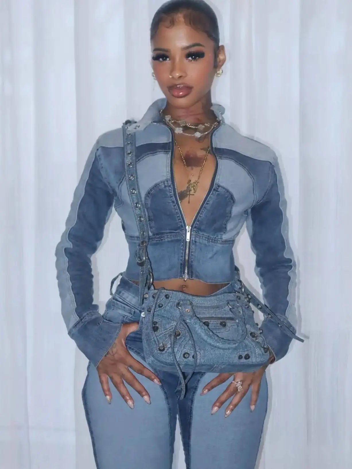 Casuals Denim 2 Piece Set Women Tracksuit Button Patchwork Full Sleeve Zip Crop Coat+Skinny Pants Autumn Trend Streetwear