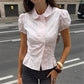 Women Elegant Peter Pan Collar Shirt Puff Short Sleeve Double Breasted Blouse Slim Peplum Hem Casual Office Ladies Tops