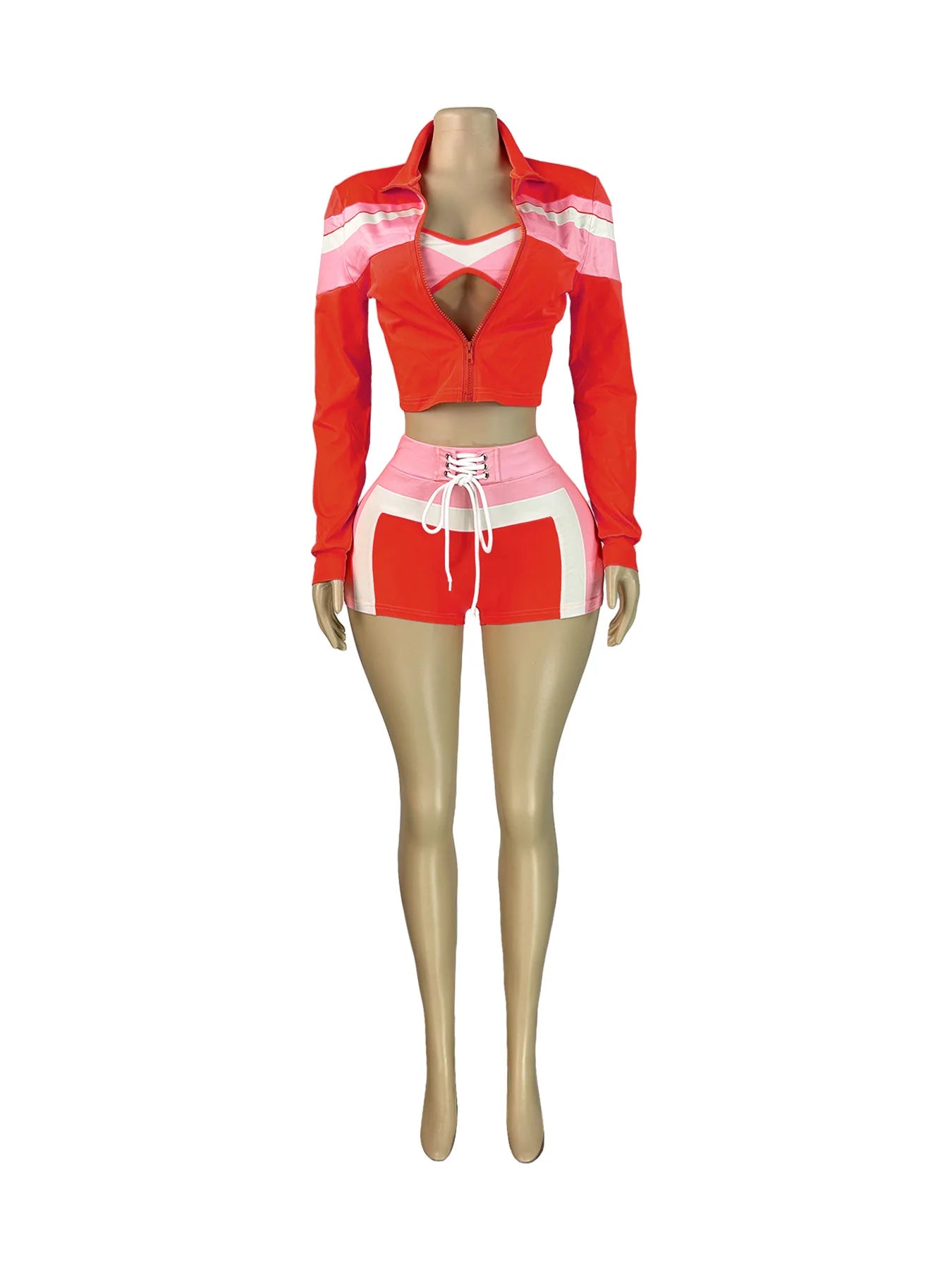 Patchwork 3 Piece Set Women Zip Crop Tops+Bra+Shirring Mini Shorts Matching Casual Streetwear Stretch Slim Tracksuit